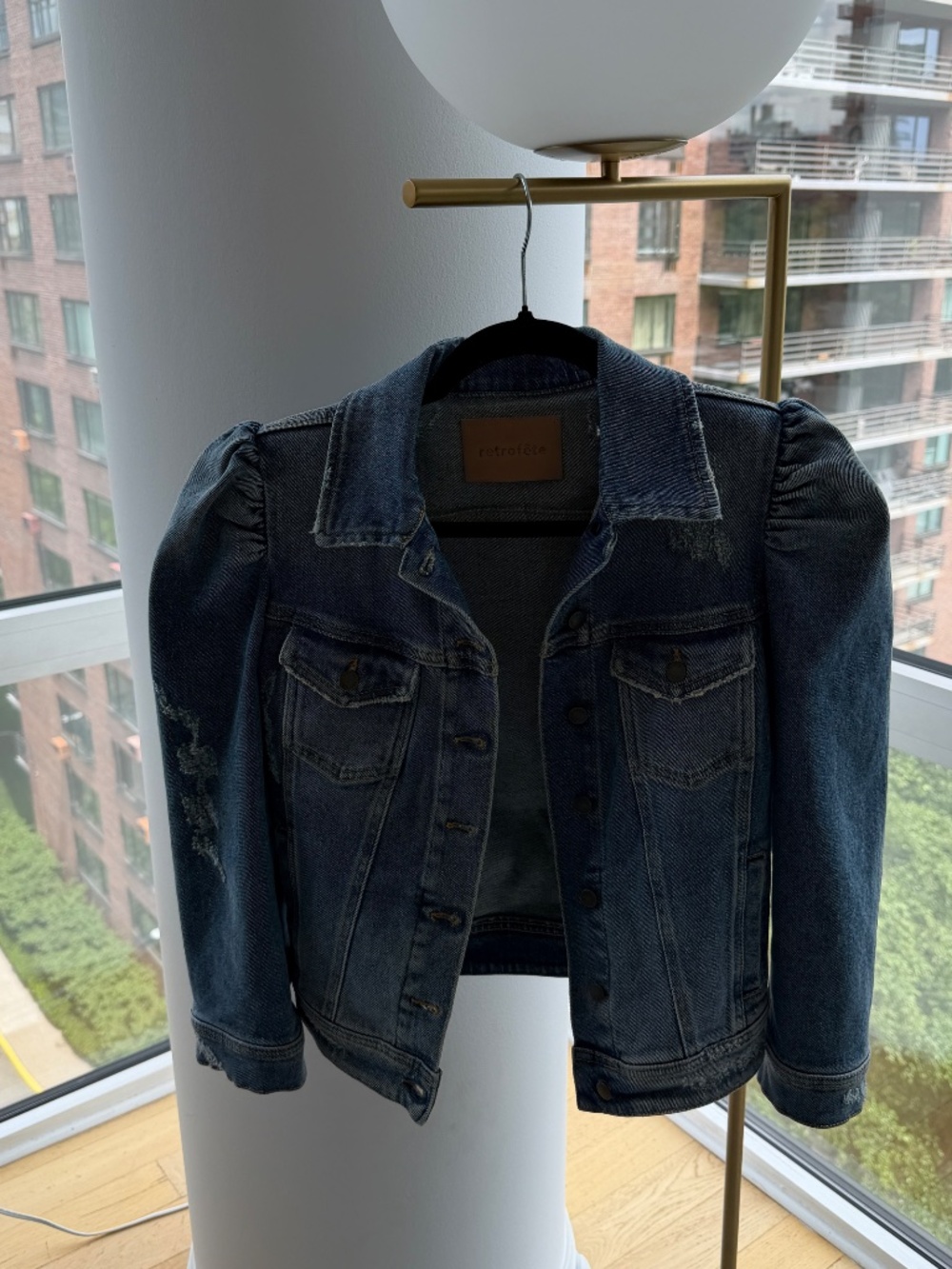 Retrofête Ada Puff Sleeve Distressed Denim Jacket – Dark Wash – Size S